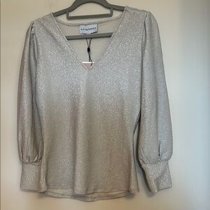 Alex & Parker ivory v-neck puff sleeve sparkly pull over top size S new w/ tags